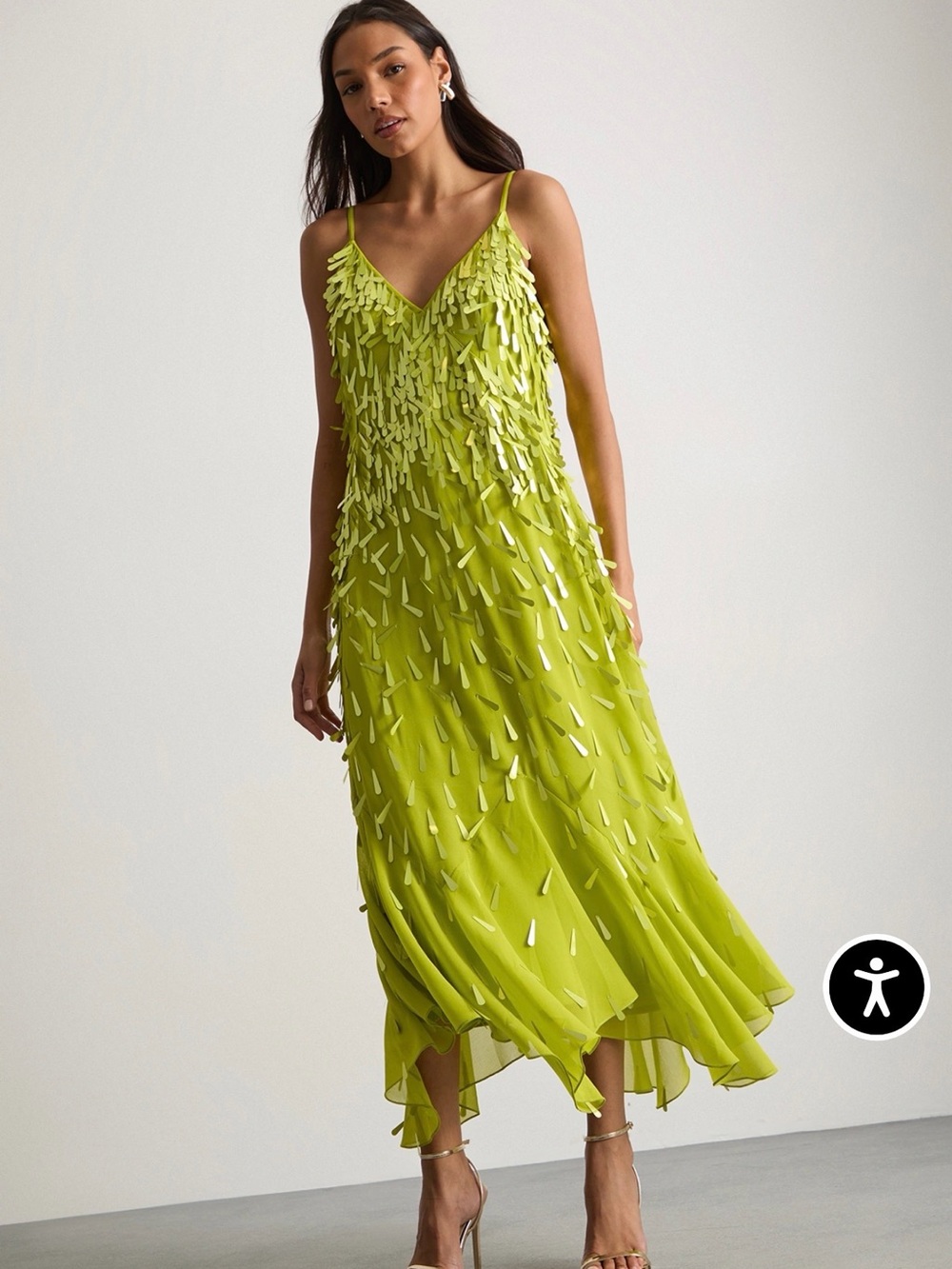 Warehouse Chartreuse Embellished Midi Dress